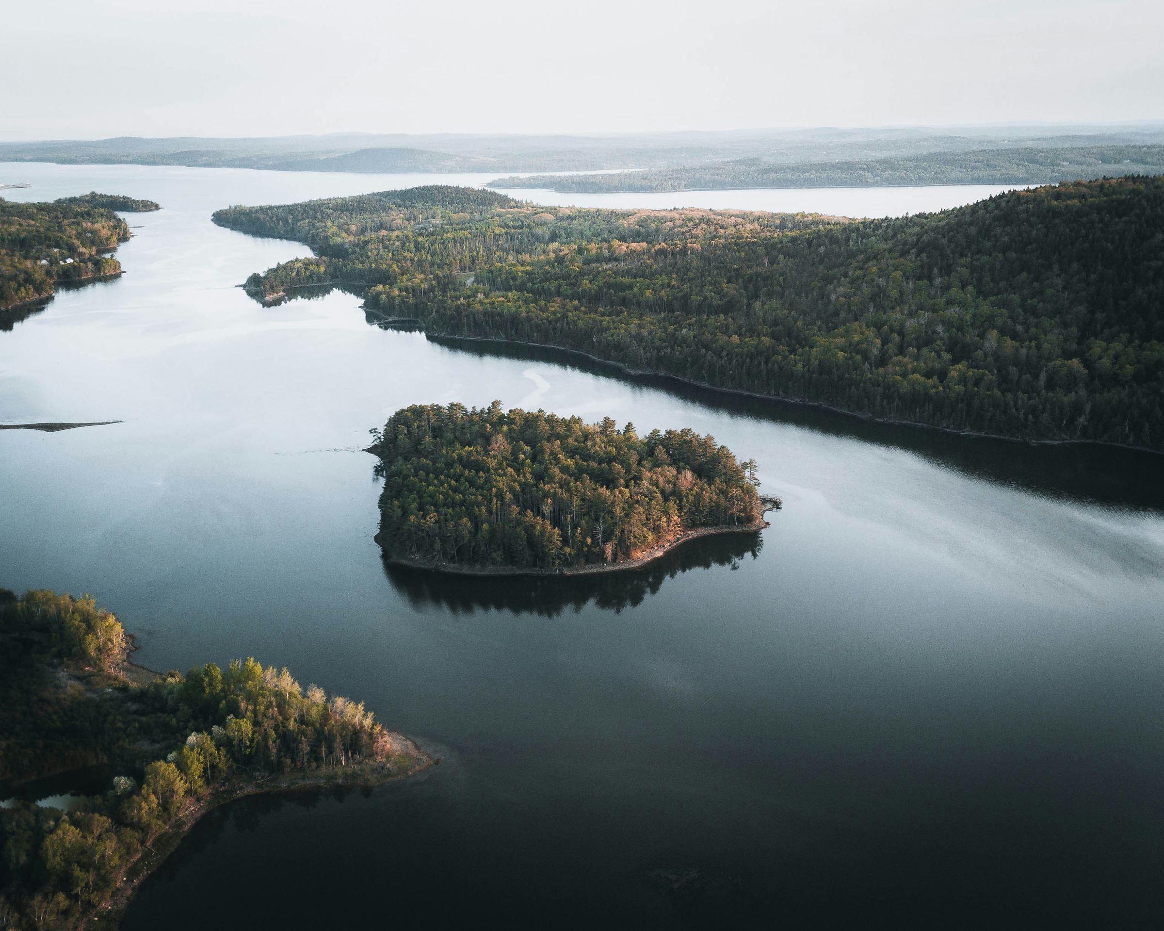Aerial view of New Brunswick lake and forest, Atlantic Canada landscape